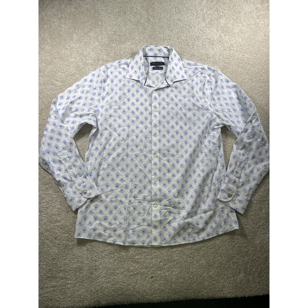 Tommy Hilfiger Shirt Mens Large White Blue Floral THFlex Supima Slim Stretch